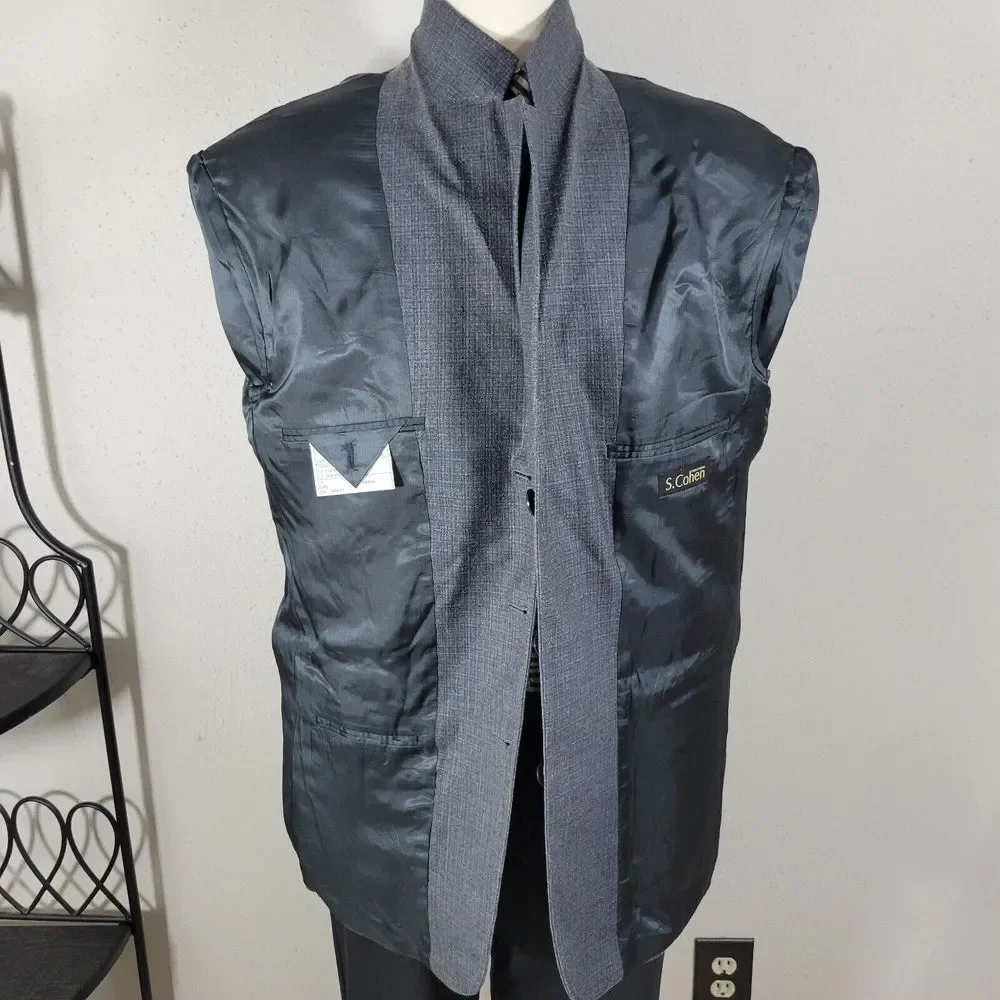 S.Cohen Men's Sport Coat JAY Three Button Blue Gray Plaid‎ Silk Wool Size 44R